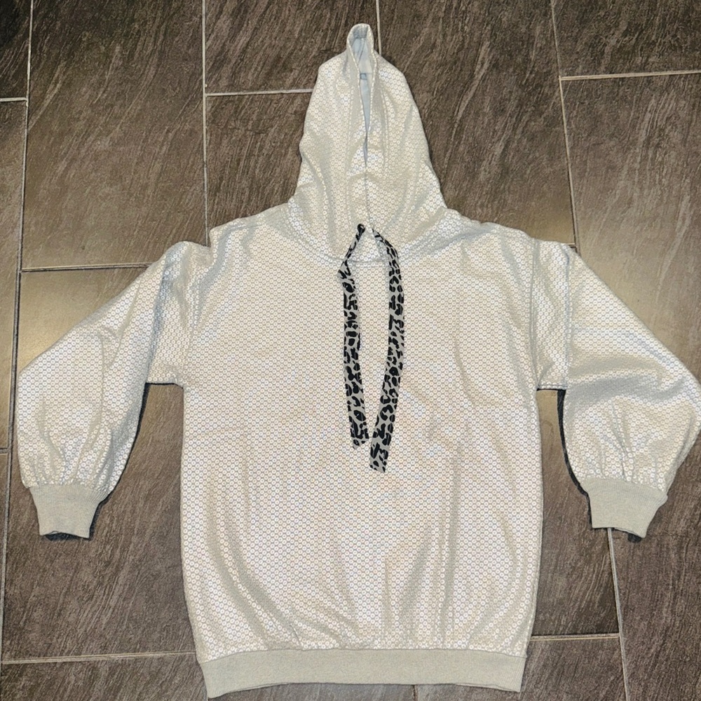 Anthropologie Light Gray Hooded Pullover with Leopard Drawcord